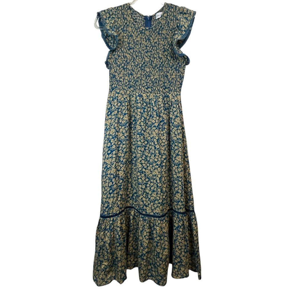 Lost + Wander Blossom Bloom Teal Gold Ditzy Floral Smocked Bodice Dress SZ XS - Picture 2 of 16